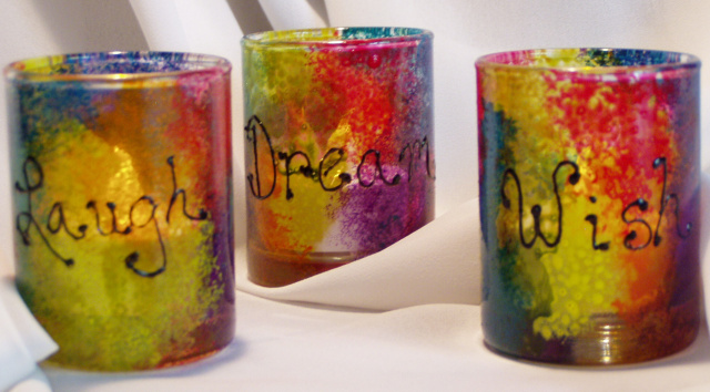 Tie-Dyed votive holders- Dream-Wish-Laugh- Set of 3